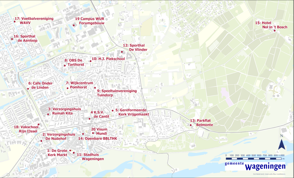 Kaart van Wageningen met alle stemlocaties en corresponderende nummers